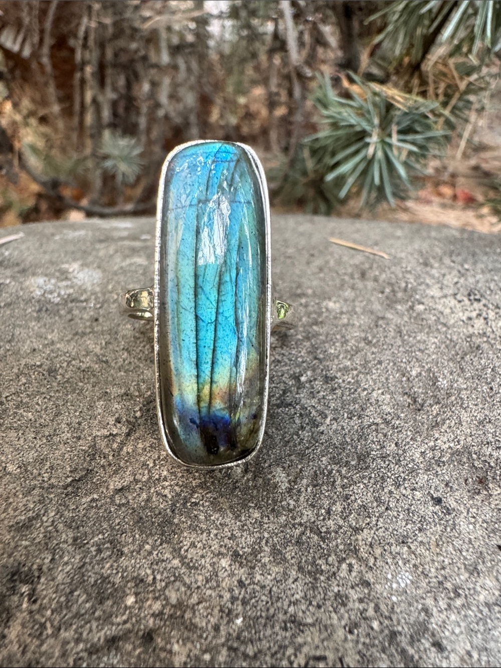 Sundance Long Labradorite Statement Ring in Blue and Green